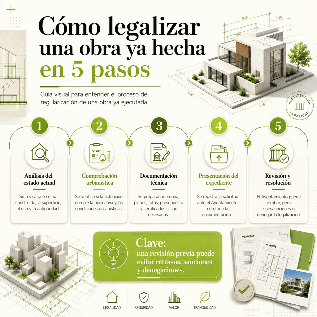 Infografía sobre cómo legalizar una obra ya hecha en 5 pasos
