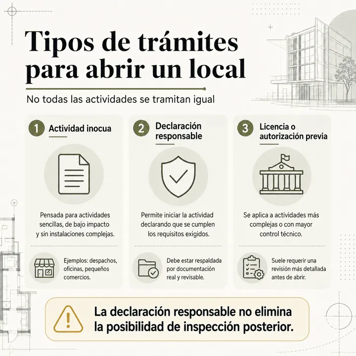 Infografía comparativa de actividad inocua, declaración responsable y licencia o autorización previa