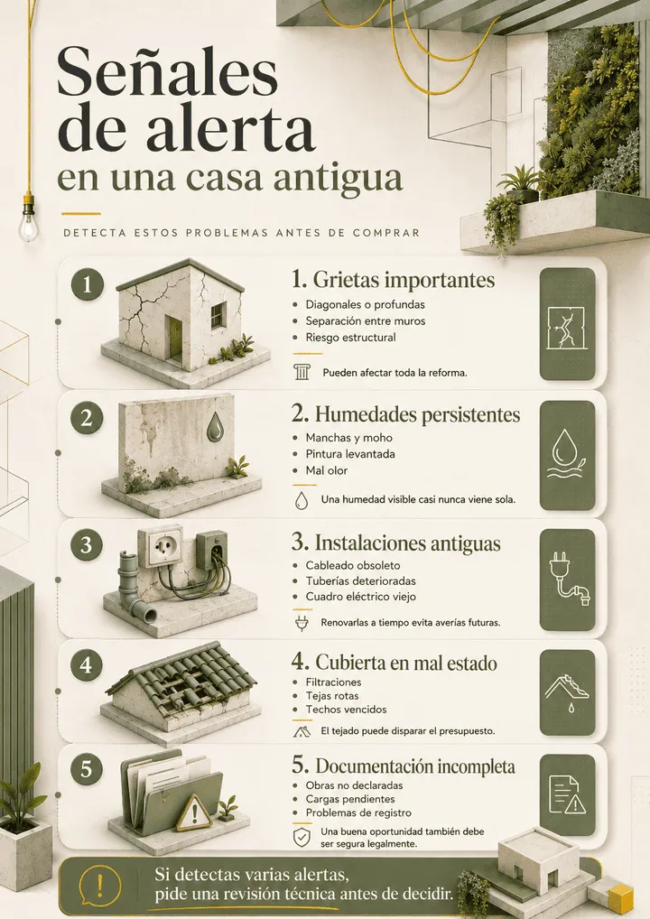 Infografía con señales de alerta en una casa antigua: grietas, humedades, instalaciones antiguas, cubierta dañada y documentación incompleta