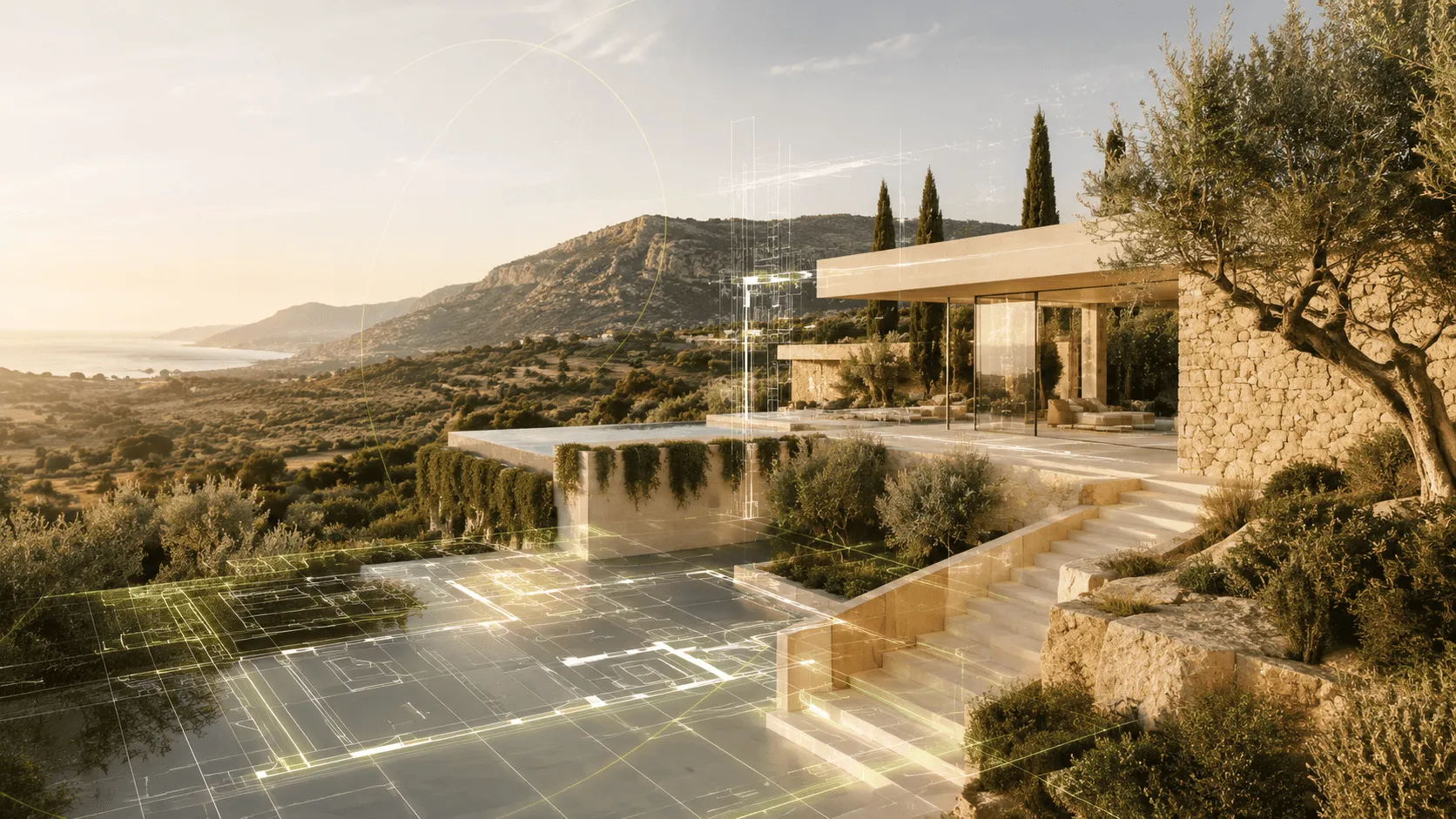 Arquitectura contemporánea y trazos de proyecto integrados en un paisaje de España